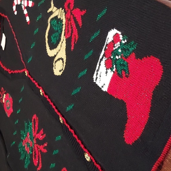 Style Studio Black Red Metallic Gold Button Up Christmas Sweater Size L - Picture 5 of 8